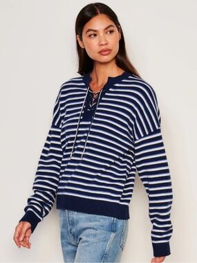 Sundry Navy & White Striped Lace-Up Pullover Sweater
